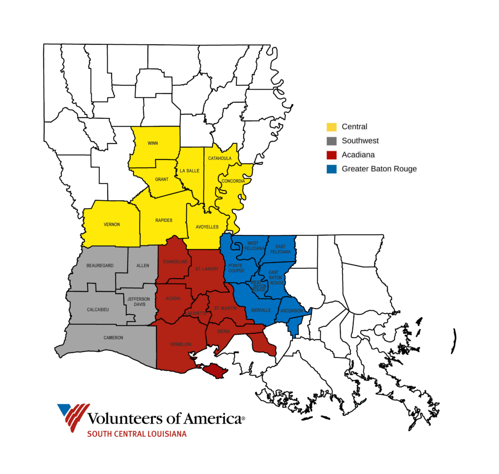 map of Louisiana showing the service areas: central, southwest, acadiana, and greater baton rouge